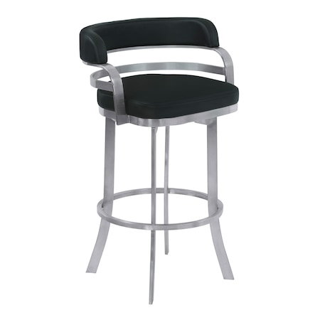 Armen Living Prinz 30" Bar Height Swivel Black Faux Leather and Brushed Stainless Steel Bar Stool LCPRBABLBS30